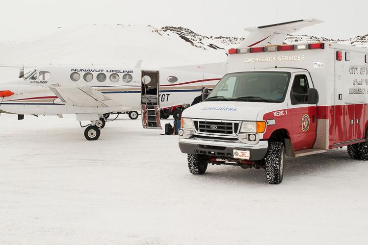 'Nunavut Lifeline' airplane, with ambulance at the Iqaluit airport.